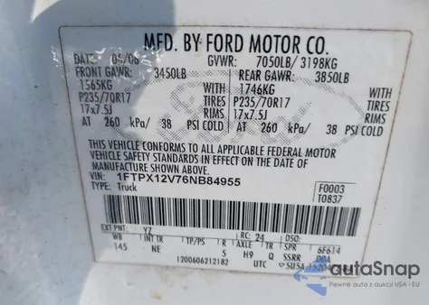 2006 Ford F-150 Lariat/Xl/Xlt z USA, uszkodzony, nr VIN 1FTPX12V76NB84955